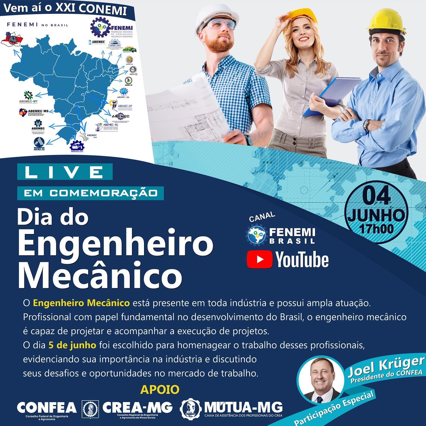 Live em comemoração ao Dia do Engenheiro Mecânico no dia 04/06/2021 às 17h00. Serão muitas homenagens, trocas de conhecimento e propostas para o futuro da profissão. Contaremos com a participação especial do presidente do Confea o Eng. Joel Krüger. O evento será transmitido no YouTube através do Canal da Fenemi BR. Programe-se para participar! #diadoengenheiromecânico