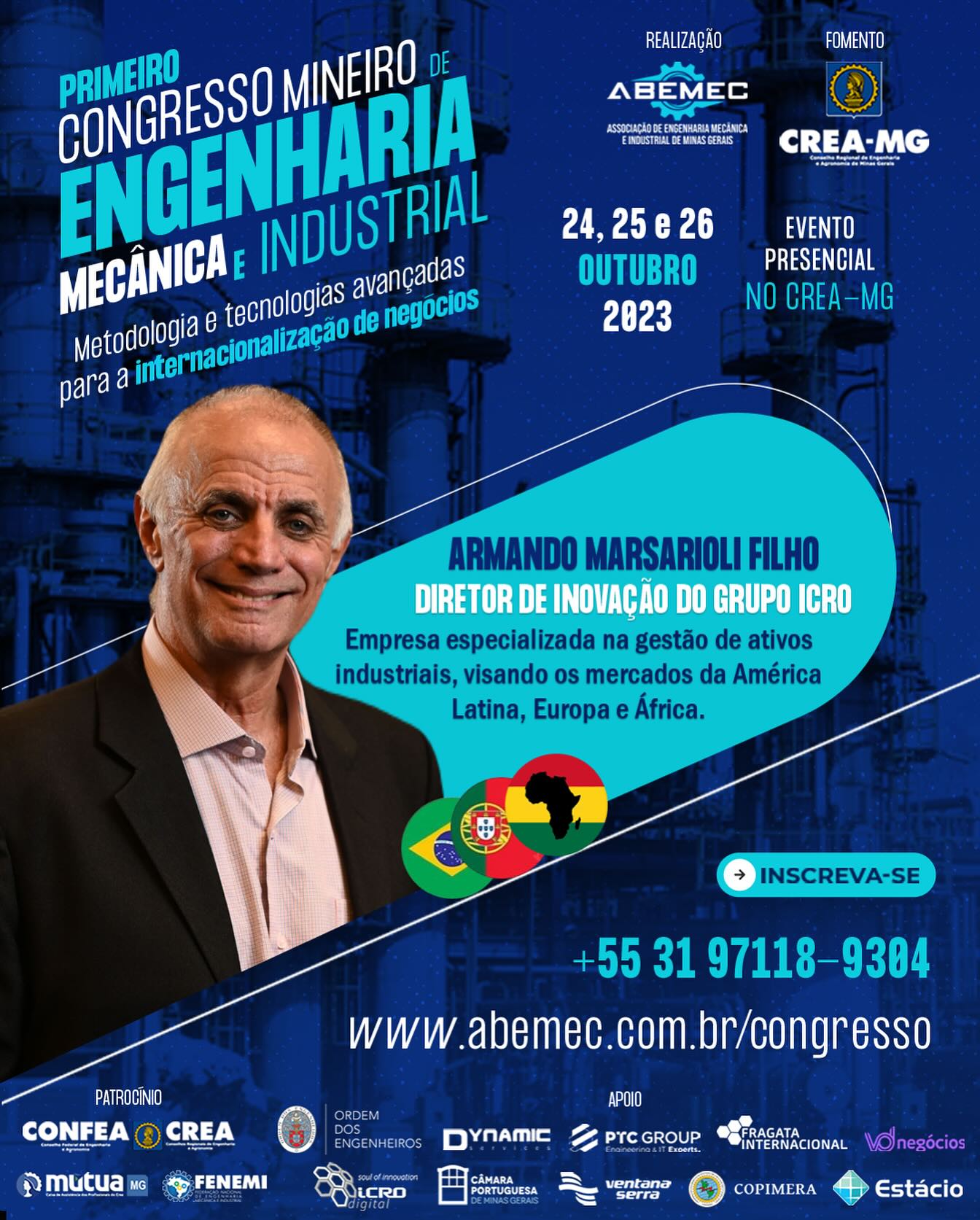 Vem aí o 1° Congresso Mineiro de Engenharia Mecânica e Industrial! Em um mundo cada vez mais conectado, a internacionalização de negócios é uma jornada que exige excelência em gestão, liderança e inovação. Este evento, dedicado à engenharia e seus profissionais, está focado em explorar as tecnologias mais avançadas e as metodologias mais eficazes para impulsionar a expansão internacional das empresas. A busca pela excelência em gestão e liderança de negócios de engenharia é a base para o desenvolvimento de ferramentas inovadoras que constroem diferenciais competitivos sólidos.Pensando nisso, os palestrantes de destaque neste Congresso compartilharão insights sobre como liderar o mercado, estrategicamente gerenciar processos e alcançar resultados mensuráveis e impactantes. Um desses convidados será Armando Marsarioli Filho, Diretor Técnico e de Inovação do ICRO GROUP com atuação em Portugal/Brasil/Continente Africano.🌎 Acesse abemec.com.br/congresso e saiba mais sobre o evento.