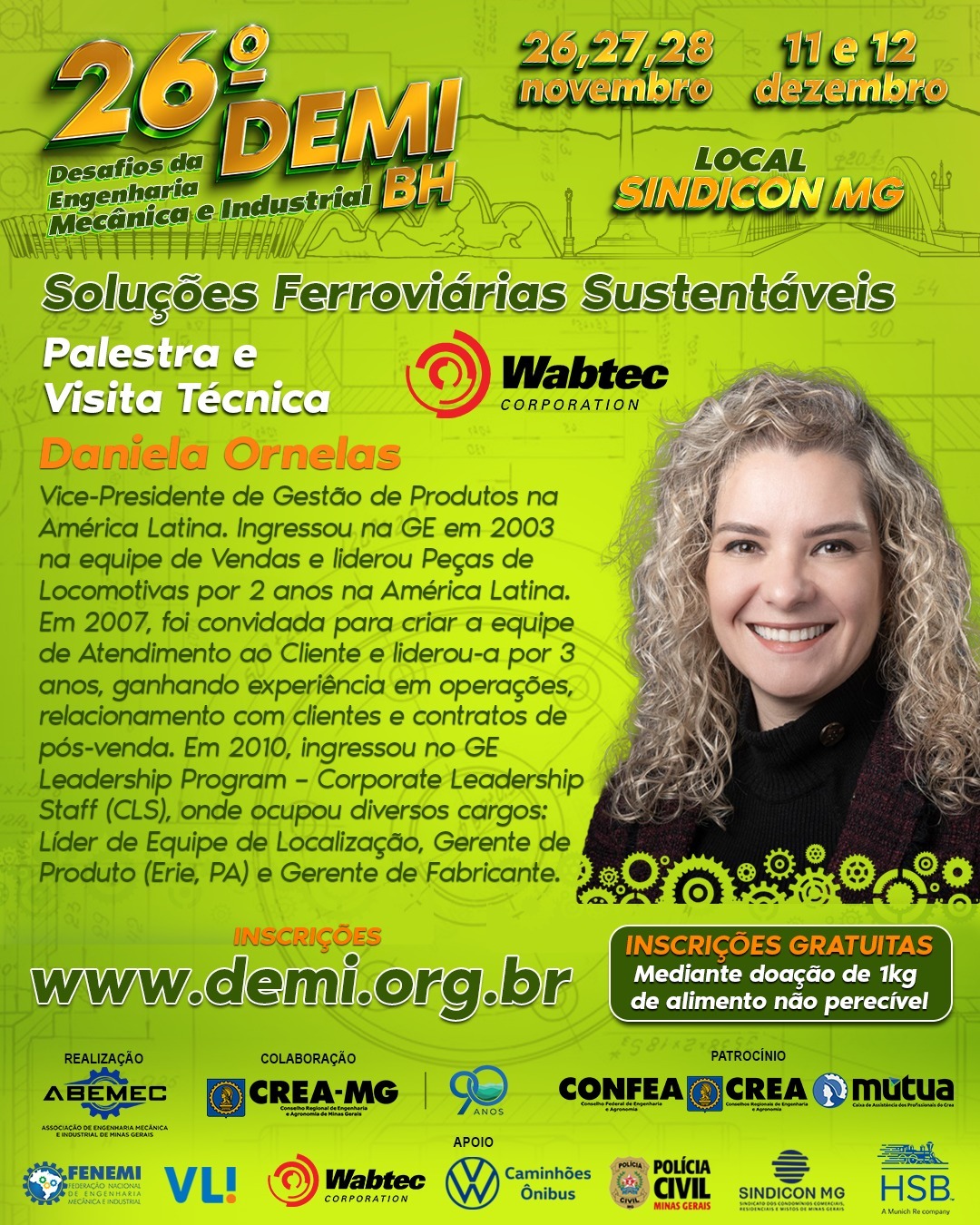 Daniela Ornelas será uma das palestrantes do 26º DEMI Desafios da Engenharia Mecânica e Industrial que acontecerá nos dias 26, 27 e 28 de novembro, e 11 e 12 de dezembro. INSCRIÇÕES GRATUITAS ABERTAS!!O 26º DEMI Desafios da Engenharia Mecânica e Industrial é um evento organizado para colocar você profissional da Engenharia frente a frente com empresas de ponta e profissionais que ocupando cargos estratégicos nessas empresas, poderão compartilhar conhecimentos, experiências e vivências estimuladoras para você que busca evoluir profissionalmente.A atual era de inovação tecnológica em que estamos inseridos destaca a importância de atualizar os conhecimentos técnicos e de relacionamentos, sendo crucial para impulsionar a sua trajetória profissional.As competências fundamentais para o despontamento de um profissional no competitivo mercado corporativo atual incluem fortes habilidade em gestão, liderança e inovação.⚙️ Este evento, voltado para a engenharia e seus profissionais, tem como objetivo apresentar as inovações, tecnologias mais recentes e as metodologias mais eficientes para aumentar os diferenciais estratégicos e a competitividade das organizações. O foco na excelência tecnológica, na gestão estratégica dos colaboradores e do relacionamento com os parceiros e liderança de empresas de engenharia é o alicerce para a criação de ferramentas inovadoras que estabelecem diferenciais competitivos robustos.🏅Nossos palestrantes de renome oferecerão perspectivas sobre como liderar o mercado, gerir processos de forma estratégica e obter resultados quantificáveis e significativos.INSCREVA-SE GRATUITAMENTE:🌐www.demi.org.br