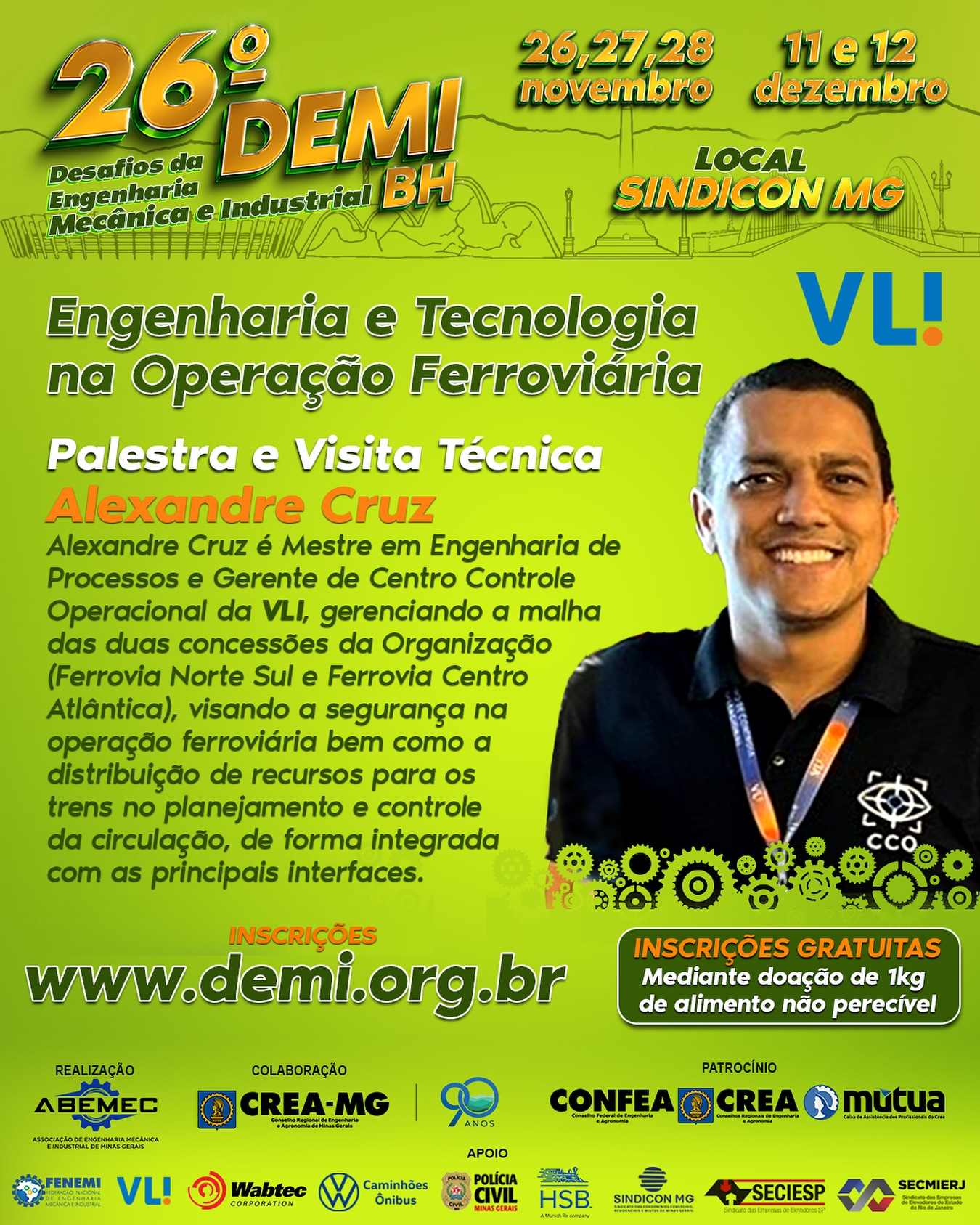 Alexandre Cruz da VLI será um dos palestrantes que compartilharão importantes X conhecimentos técnicos de Engenharia e Gestão durante o 26º DEMI. O 26º DEMI Desafios da Engenharia Mecânica e Industrial é um evento organizado para colocar você profissional da Engenharia frente a frente com empresas de ponta e profissionais que ocupando cargos estratégicos nessas empresas, poderão compartilhar conhecimentos, experiências e vivências estimuladoras para você que busca evoluir profissionalmente. A atual era de inovação tecnológica em que estamos inseridos destaca a importância de atualizar os conhecimentos técnicos e de relacionamentos, sendo crucial para impulsionar a sua trajetória profissional. As competências fundamentais para o despontamento de um profissional no competitivo mercado corporativo atual incluem fortes habilidade em gestão, liderança e inovação.⚙️ Este evento, voltado para a engenharia e seus profissionais, tem como objetivo apresentar as inovações, tecnologias mais recentes e as metodologias mais eficientes para aumentar os diferenciais estratégicos e a competitividade das organizações. O foco na excelência tecnológica, na gestão estratégica dos colaboradores e do relacionamento com os parceiros e liderança de empresas de engenharia é o alicerce para a criação de ferramentas inovadoras que estabelecem diferenciais competitivos robustos. Nossos palestrantes de renome oferecerão perspectivas sobre como liderar o mercado, gerir processos de forma estratégica e obter resultados quantificáveis e significativos.INSCREVA-SE GRATUITAMENTE:🌐 www.demi.org.br