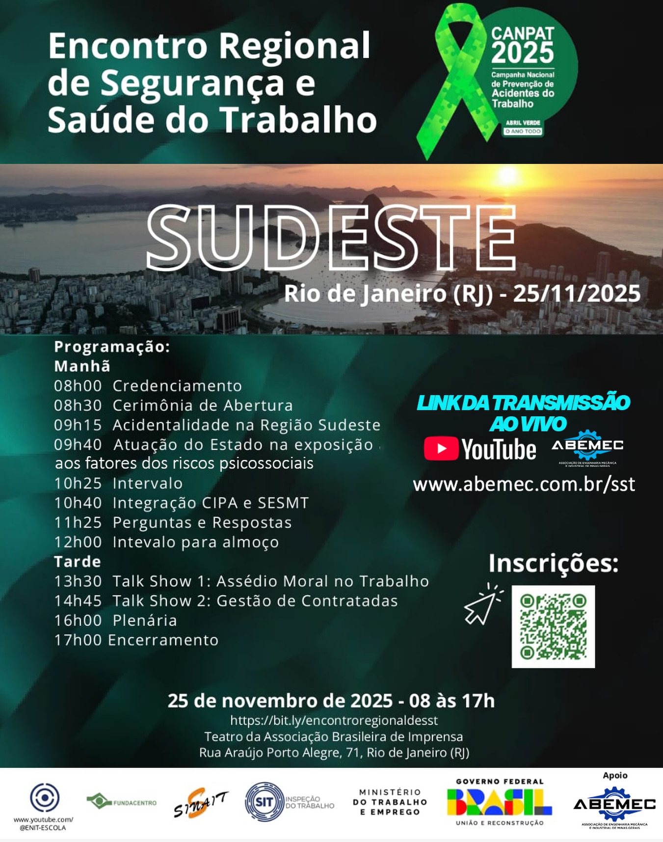 É HOJE!Acompanhem a transmissão ao vivo pelo YouTube da ABEMEC-MG: www.abemec.com.br/sst⠀ Participe do I Encontro Regional de Segurança e Saúde no Trabalho – um evento presencial que será realizado no Rio de Janeiro, em parceria pelas Seções de Segurança e Saúde no Trabalho do Rio de Janeiro, Minas Gerais, São Paulo e Espírito Santo! 🗓 Data: 25/11Este é um momento fundamental para fortalecer a cultura de segurança no ambiente de trabalho na região Sudeste. Neste dia, profissionais de SST terão a oportunidade de discutir temas críticos relacionados à prevenção de acidentes e doenças ocupacionais, trocando experiências e reforçando o compromisso com ambientes mais seguros. E para tornar o evento ainda mais especial, haverá um momento cultural para promover conexão e valorização da nossa cultura local. ️ O evento é gratuito, as vagas são limitadas, e maiores informações, bem como a programação completa, estão disponíveis no link de inscrições abaixo:https://bit.ly/encontroregionaldesst Garanta já sua participação e venha fazer a diferença! @mintrabalhoeemprego