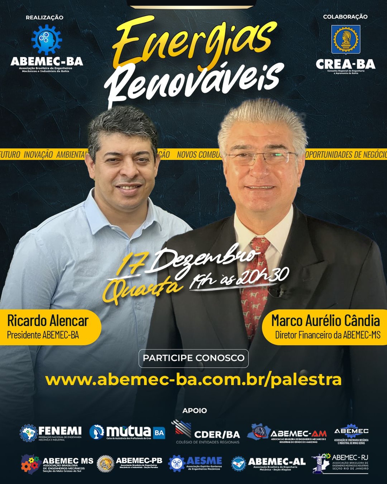 PALESTRA ONLINE | ENERGIAS SUSTENTÁVEIS ⚙️A ABEMEC-BA, com a colaboração do CREA-BA, promove uma palestra imperdível sobre Energias Sustentáveis, um dos temas mais atuais e estratégicos da Engenharia moderna. Em um cenário de transição energética, inovação tecnológica e responsabilidade ambiental, dominar esse assunto deixou de ser diferencial — passou a ser essencial. Por que você não pode ficar de fora?As energias sustentáveis estão no centro das decisões técnicas, econômicas e ambientais do presente e do futuro. Esta palestra foi especialmente pensada como uma grande oportunidade de aprendizado, atualização e visão de mercado, sobretudo para jovens engenheiros que desejam se posicionar de forma competitiva e alinhada às novas demandas da profissão. Palestrante Eng. Mecânico Marco Aurélio Cândia BragaDiretor Financeiro da ABEMEC-MS, profissional com sólida atuação técnica e visão estratégica sobre o tema.🎙️ Moderação Eng. de Produção Ricardo AlencarPresidente da ABEMEC-BA, conduzindo o debate com foco técnico, prático e atual. Data: 17 de dezembro de 2025 Horário: das 19h00 às 20h30 Formato: Ao vivo | 100% on-line Inscrições: www.abemec-ba.com.br/palestra🌍 Prepare-se para ampliar seus horizontes, atualizar seus conhecimentos e fortalecer sua trajetória profissional.Essa é a sua chance de estar conectado com o futuro da Engenharia. Participe!