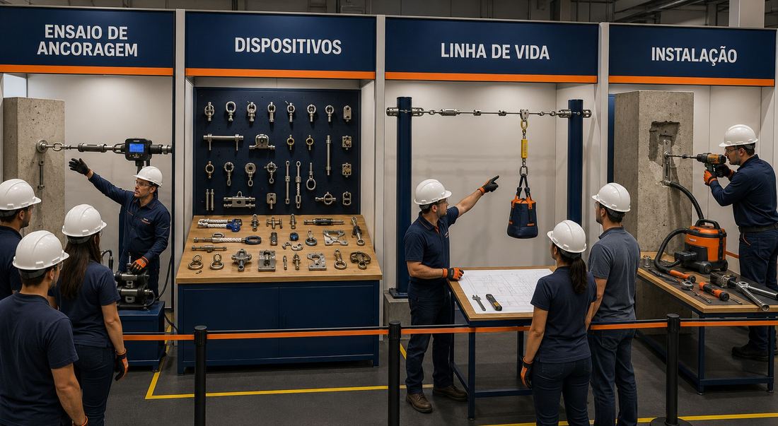 Arena prática de ancoragem: estações de ensaio, dispositivos, linha de vida e instalação em concreto