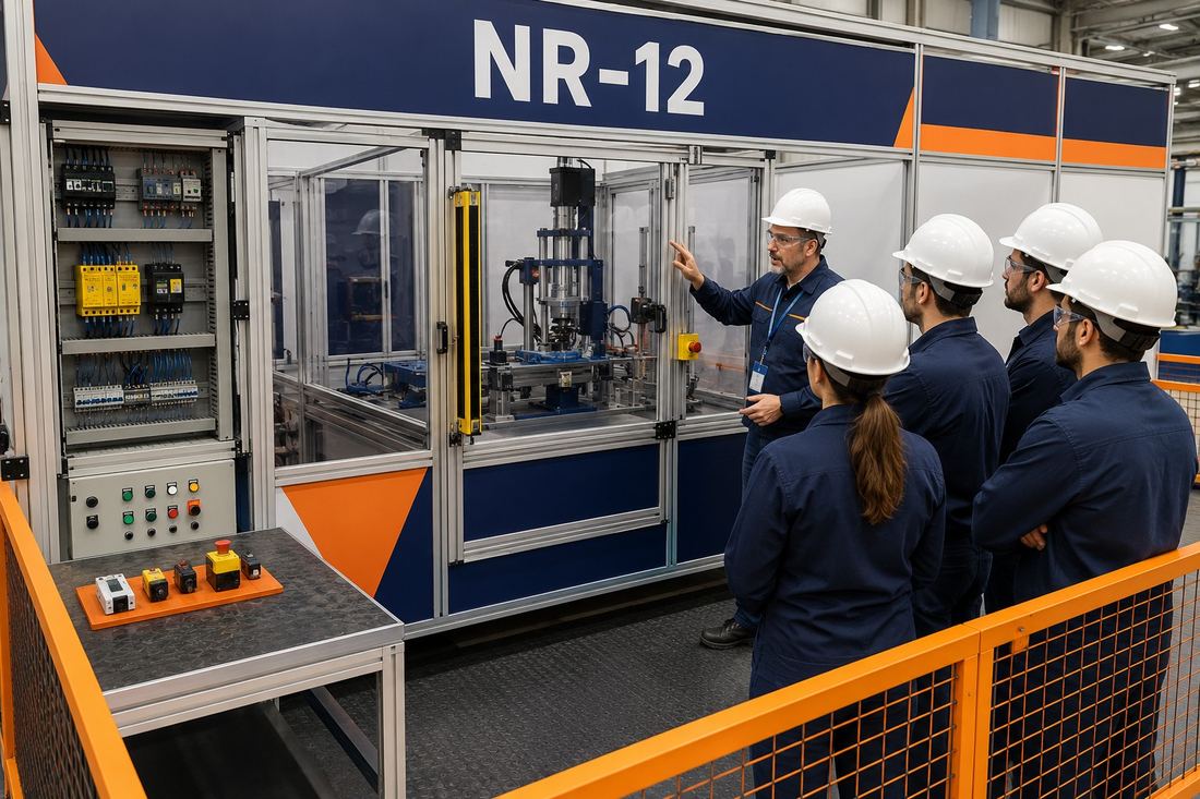 Arena prática de NR-12: bancada de sensores e simulador de máquina enclausurada