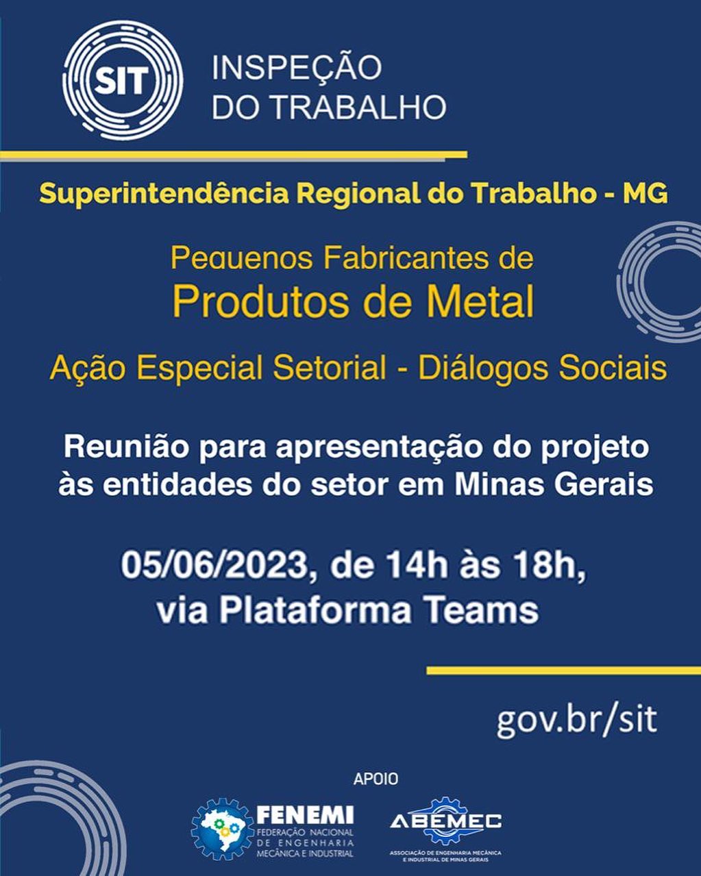 É hoje! Live com a Superintendência Regional do Trabalho de Minas Gerais para apresentação de propostas para entidades do setor industrial. ACESSE: gov.br/sit